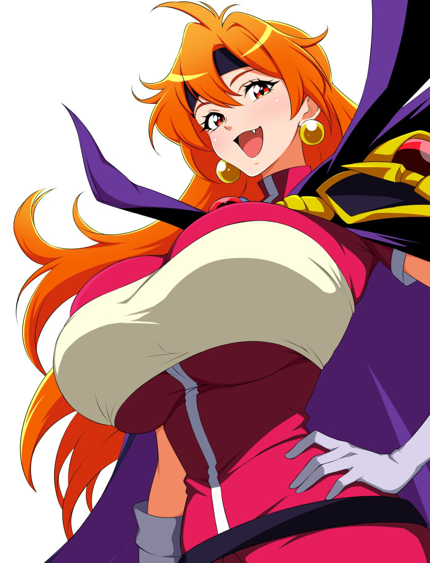 1girls alternate_body_build alternate_body_type alternate_breast_size arm_behind_back big_breasts breasts busty cape confident female female_only hand_on_hip highres jabara_tornado large_breasts legs lina_inverse long_hair looking_at_viewer oerba_yun_fang open_mouth orange_eyes orange_hair pants pose posing sensual slayers smile solo tongue voluptuous