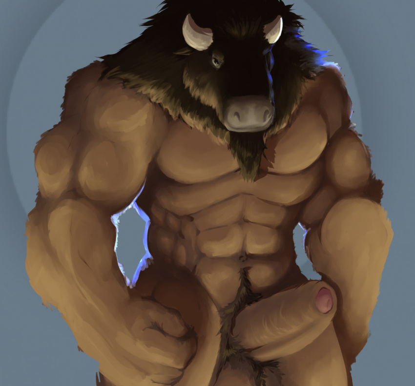 anthro balls big_penis bison bovid bovine brown_body brown_fur erection european_mythology foreskin fur genitals greek_mythology horn male mammal minotaur muscular mythology pandottermon penis penis_tip pubes solo solo_male thick_penis