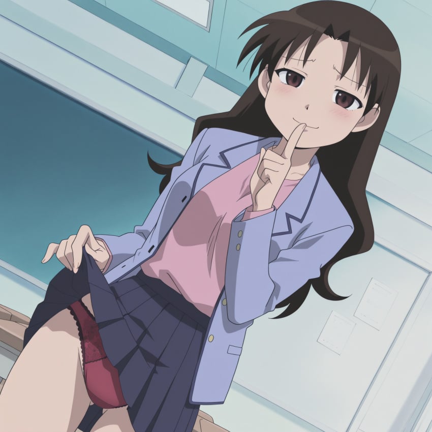 ai_generated aizumanga azumanga_daiou classroom flashing flashing_panties lingerie lingerie_panties public public_indecency shush shushing skirt_lift teacher yukari_tanizaki