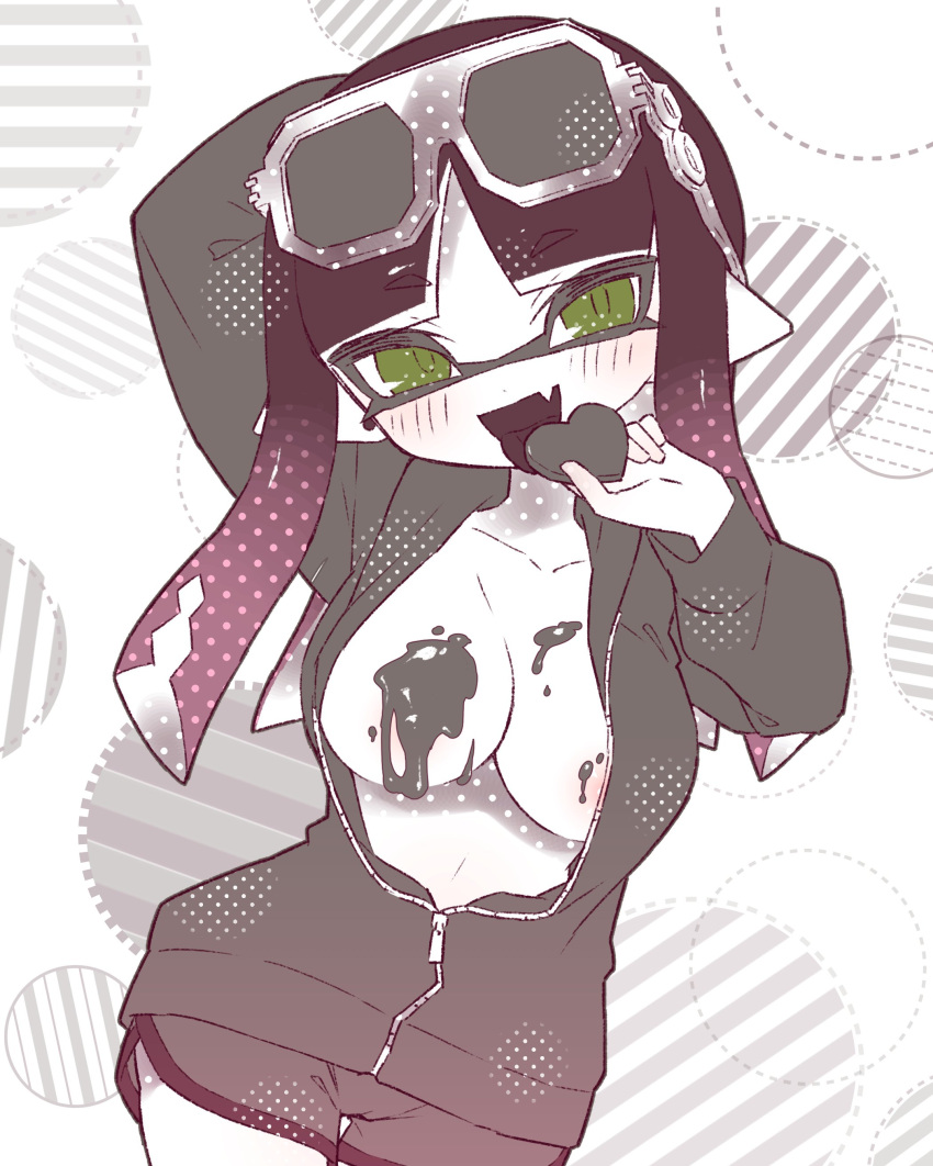 big_breasts chocolate_on_breasts dokudami-sama_(vaz_999) gradient_hair green_eyes heart heart-shaped_chocolate inkling_girl jacket licking looking_at_viewer nipple_peek purple_hair splatoon sunglasses sunglasses_on_head tongue_out unzipped_jacket valentine's_day vaz_999