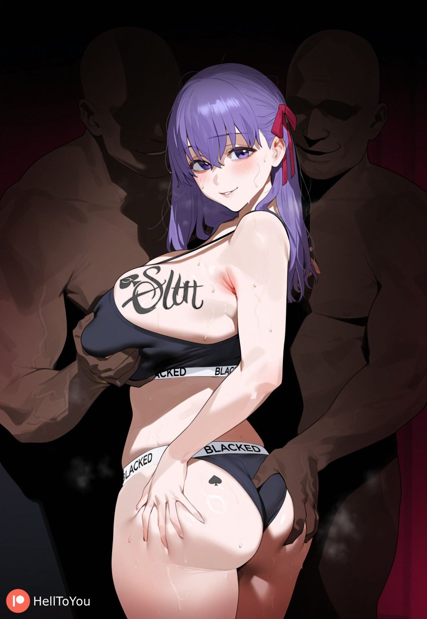 1girls 2boys ai_generated ass ass_grab blacked blacked_clothing cucking_viewer curvy fate_(series) groping helltoyou imminent_sex interracial large_breasts looking_at_viewer matou_sakura netorare ntr queen_of_spades tattoo ugly_bastard