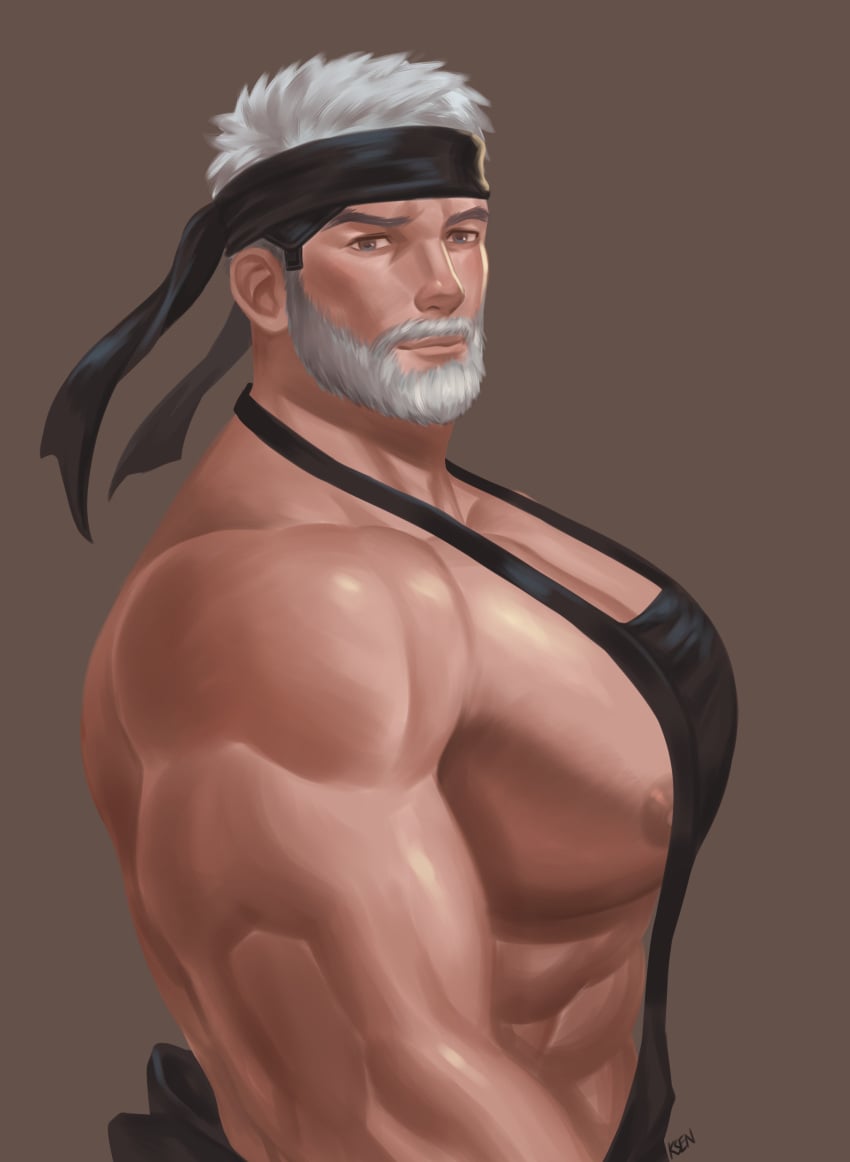 1boy abs apron areolae bara bara_tiddies bara_tits beard biceps black_apron facial_hair headband hi_res k_sen212 large_pectorals male male_focus male_only moustache muscular muscular_arms muscular_male nipple_slip nipples original_character pecs pectorals short_hair simple_background solo solo_male white_beard white_hair