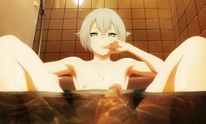 1boy bath bathroom bathtub c3_piyo collarbone commentary_request completely_nude erection green_eyes grey_hair hair_flaps half-closed_eyes hand_up highres hotarumaru indoors looking_at_viewer m_legs male_focus nipples nude paid_reward_available parted_lips partially_submerged partially_underground_shot penis presenting_penis short_hair solo thick_eyebrows thighs tile_wall tiles touken_ranbu water_drop wet