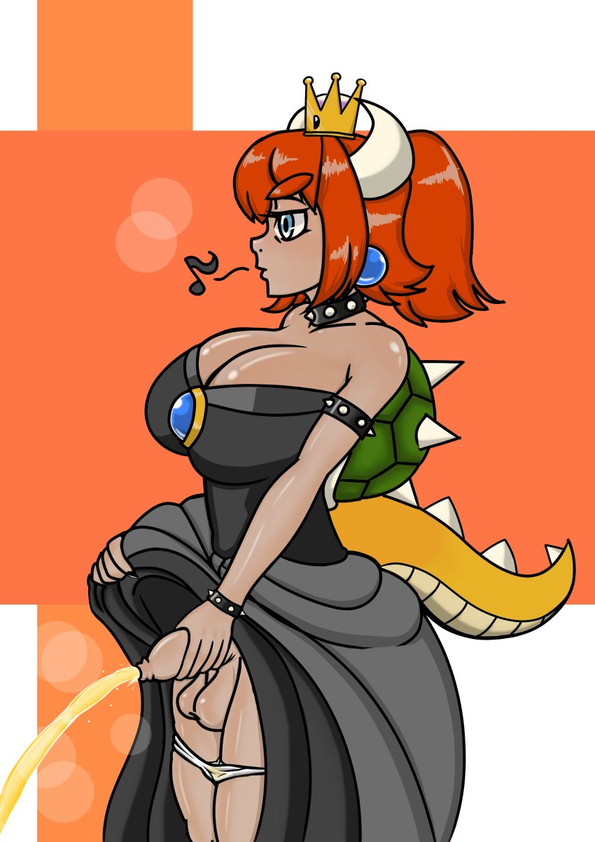 1futa 1futanari blue_eyes bowsette clothed clothed_futanari clothing dark-skinned_futanari dark_skin dress dress_lift foreskin futanari holding holding_penis horns human humanoid_penis koopa long_foreskin mario_(series) musical_note nintendo note omorashi orange_background panties panties_down peeing phimosis piss_play pixiv princess queen red_hair shell simple_background snobbyfoxy spiked_tail spikes stain stained_panties stained_underwear standing super_crown super_mario_bros. tail unretracted_foreskin urinating urinating_futanari urination urine urine_stain urine_stream watersports whistle whistling