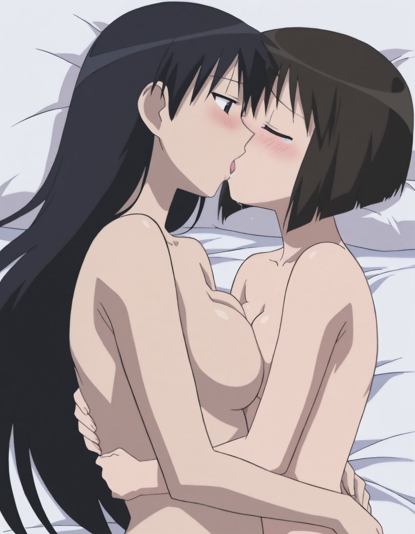 ai_generated aizumanga azumanga_daiou blush boobs_pressed embarrassed embrace hug huge_breasts imminent_sex kaorin kissing medium_breasts nude on_bed sakaki saliva tearing_up yuri