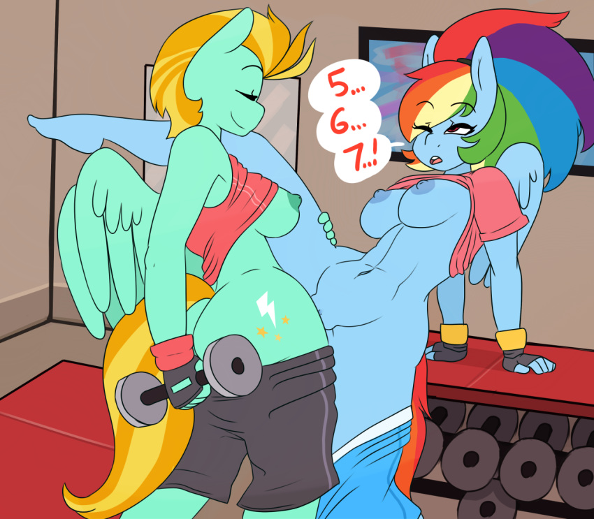 2015 anthro areola ass ass_cleavage big_breasts breasts butt_crack clothing cutie_mark equine erect_nipples female fingerless_gloves friendship_is_magic gloves hair half-closed_eyes lightning_dust_(mlp) mammal multicolored_hair my_little_pony navel nipples one_eye_closed open_mouth pegasus pussy rainbow_dash_(mlp) rainbow_hair sex shirt shirt_lift smile somescrub tribadism wings yuri