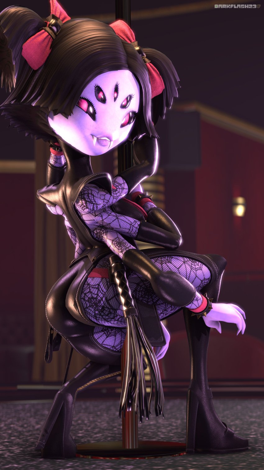 2022 5_eyes big_breasts clothed clothing darkflash23 fangs female high_heels looking_at_viewer monster_girl muffet pole ribbon solo solo_female spider_girl spiked_bracelet thick_thighs undertale undertale_(series) watermark whip