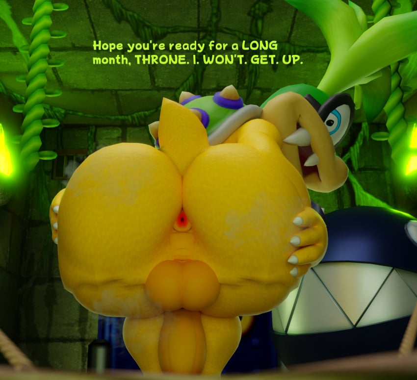 anthro anus ass blender_(artwork) bondage bound castle chain_chomp dialogue digital_media_(artwork) doommusk game_over gameplay_mechanics green_hair hair hand_on_butt hi_res iggy_koopa imminent_facesitting koopa koopaling male mario_(series) mario_bros musk musk_clouds nintendo plant presenting presenting_hindquarters restraints rope rope_bondage scalie solo super_mario_bros. vines yellow_body yellow_skin