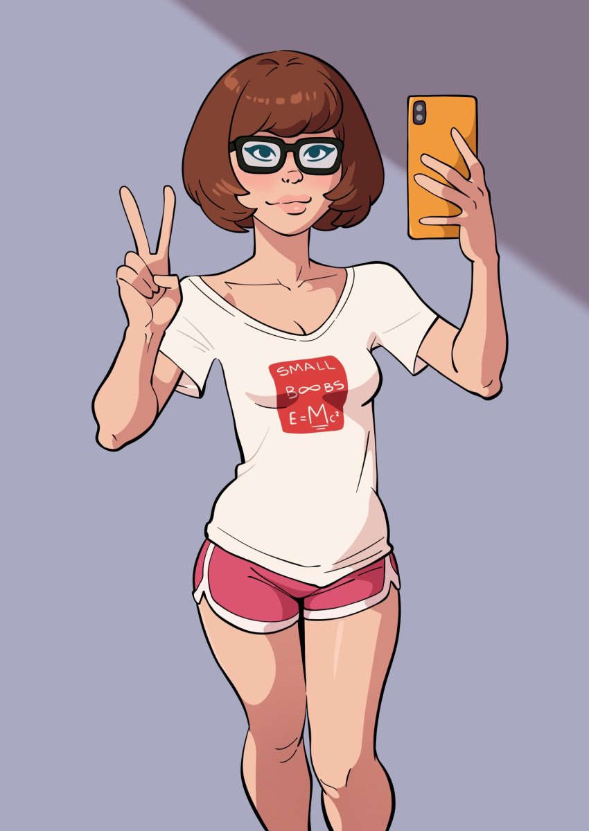 1girl atomicrailgun cleavage cute cute_face female glasses mirror_selfie peace_sign phone scooby-doo shirt shorts small_breasts solo velma_dinkley