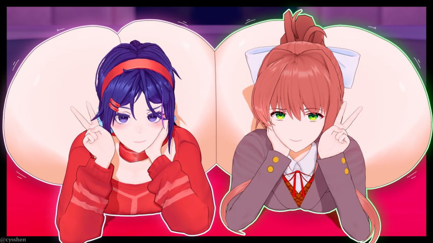 2girls ass cyshen doki_doki_literature_club female female_only gigantic_ass huge_ass mita_(miside) monika_(doki_doki_literature_club)