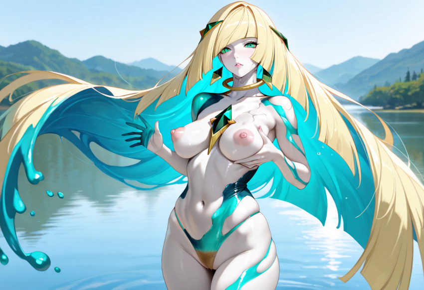 ai_generated anahita_(megami_tensei) blonde_hair blonde_pubic_hair blue_eyes blue_hair breasts female fusion fusion_character groping_own_breast lusamine_(pokemon) naked naked_female nipples nude nude_female pokemon pokemon_sm pubic_hair self_upload shin_megami_tensei skindentation stable_diffusion water_hair white_skin