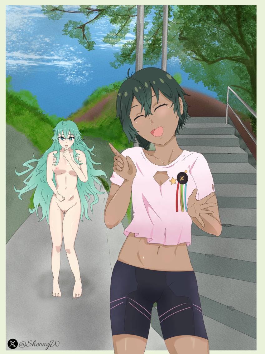 2girls blue_sky clothed_female_nude_female cloud completely_nude_female dark-skinned_female dark_skin date_a_live date_a_live:_date_a_bullet day exhibitionism exhibitionist facing_viewer female female_only girl green_eyes green_hair hair_color_connection kyouno_natsumi long_hair looking_at_viewer musika_sheri natsumi nipples outdoors park public_nudity sheong_wong short_hair smile sport stomach straight-on