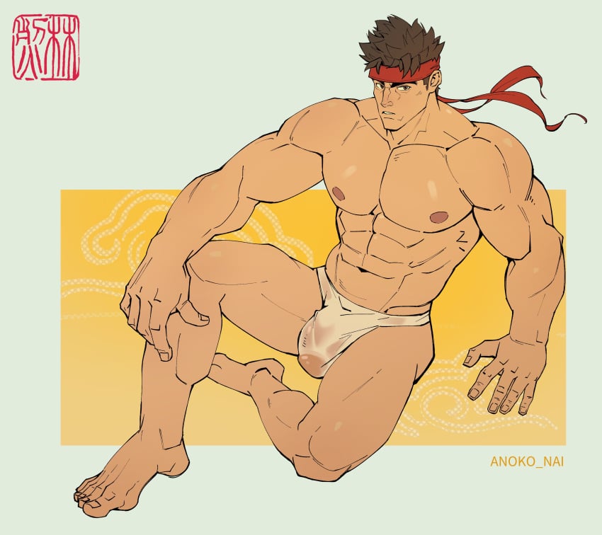 1boy abs absurdres alternate_muscle_size anoko_nai bara brown_eyes brown_hair feet hashtag-only_commentary headband highres iron_fist_(marvel) large_pectorals looking_at_viewer male_focus male_underwear marvel marvel_rivals muscular muscular_male navel nipples parted_lips pectorals red_headband short_hair sitting solo thighs topless_male twitter_username underwear underwear_only wet wet_clothes wet_male_underwear