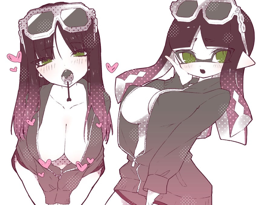 2girls big_breasts boob_window dokudami-sama_(vaz_999) gradient_hair green_eyes humanoid inkling_girl jacket looking_at_viewer purple_hair splatoon sunglasses sunglasses_on_head unzipped_jacket vaz_999