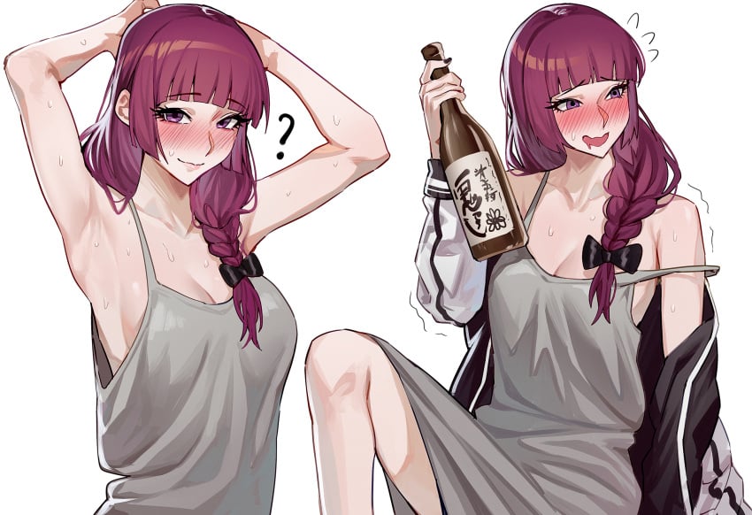 1girls ? armpits arms_up blunt_bangs blush bocchi_the_rock! bottle bow braid breasts celyn404 cleavage collarbone dress drunk duplicate eyelashes female flying_sweatdrops hairbow highres hime_cut hiroi_kikuri holding holding_bottle jacket jacket_partially_removed knee_up large_breasts lips long_hair looking_at_viewer multiple_views no_bra off_shoulder pixel-perfect_duplicate purple_eyes purple_hair sake_bottle sideboob simple_background single_braid sitting sleeveless strap strap_slip sweat trembling upper_body white_background