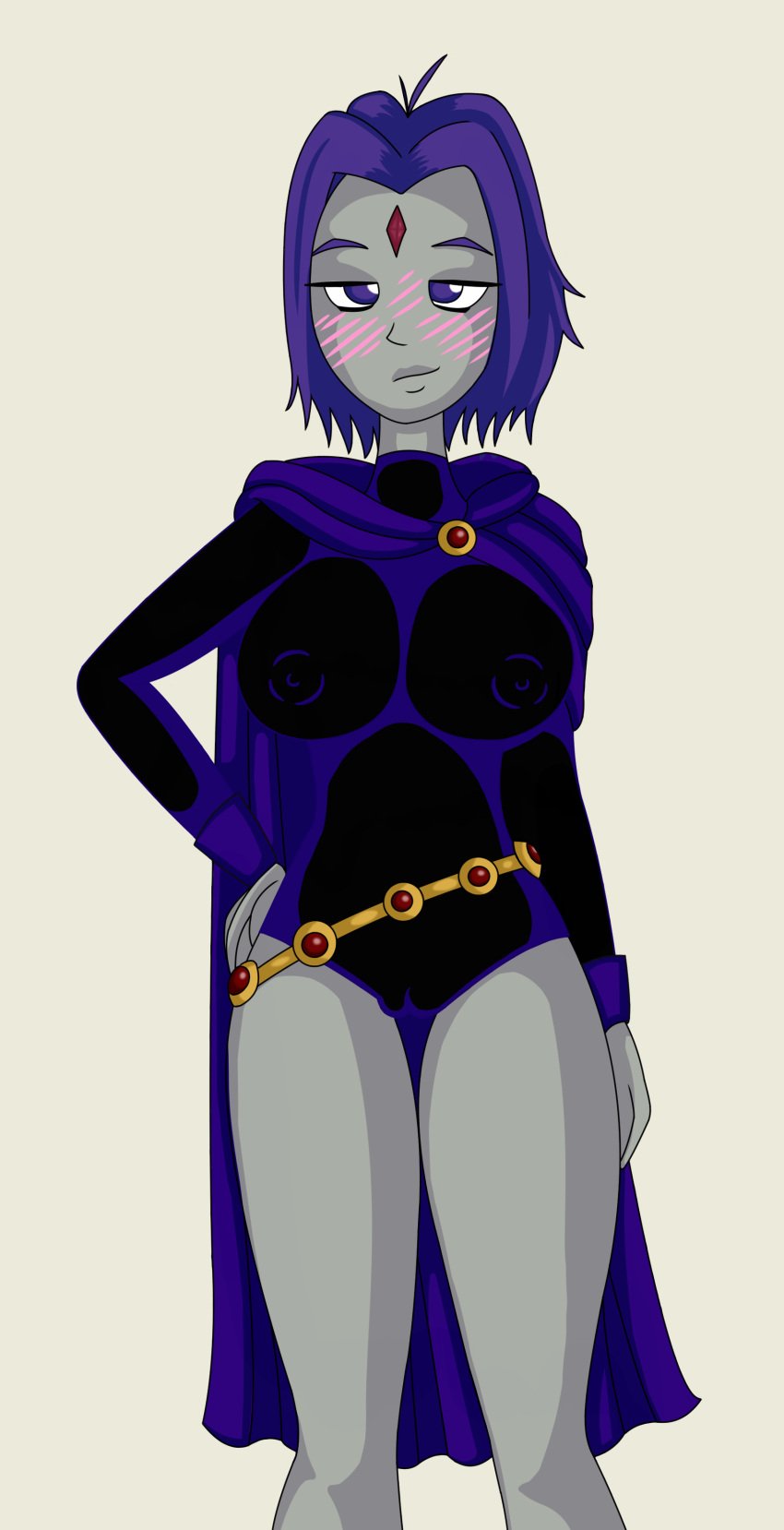 big_breasts blush cameltoe giant_breasts large_breasts nipples nipples_visible_through_clothing purple_eyes purple_hair raven raven_(dc) slim_waist smirk teen_titans thick_thighs thighs tight_clothing