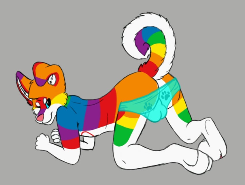 canine canine clear_panties clothing fur husky looking_at_viewer male mammal nelliefolf one_eye_closed panties rainbow_fur solo underwear wink