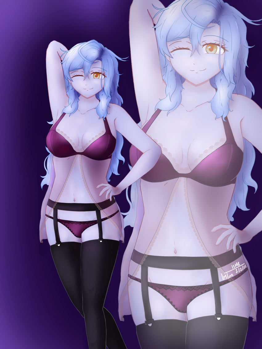 athy_(vtuber) blue_hair bra hand_on_hip im_tim lace lingerie long_hair one_arm_up orange_eyes standing underwear wink