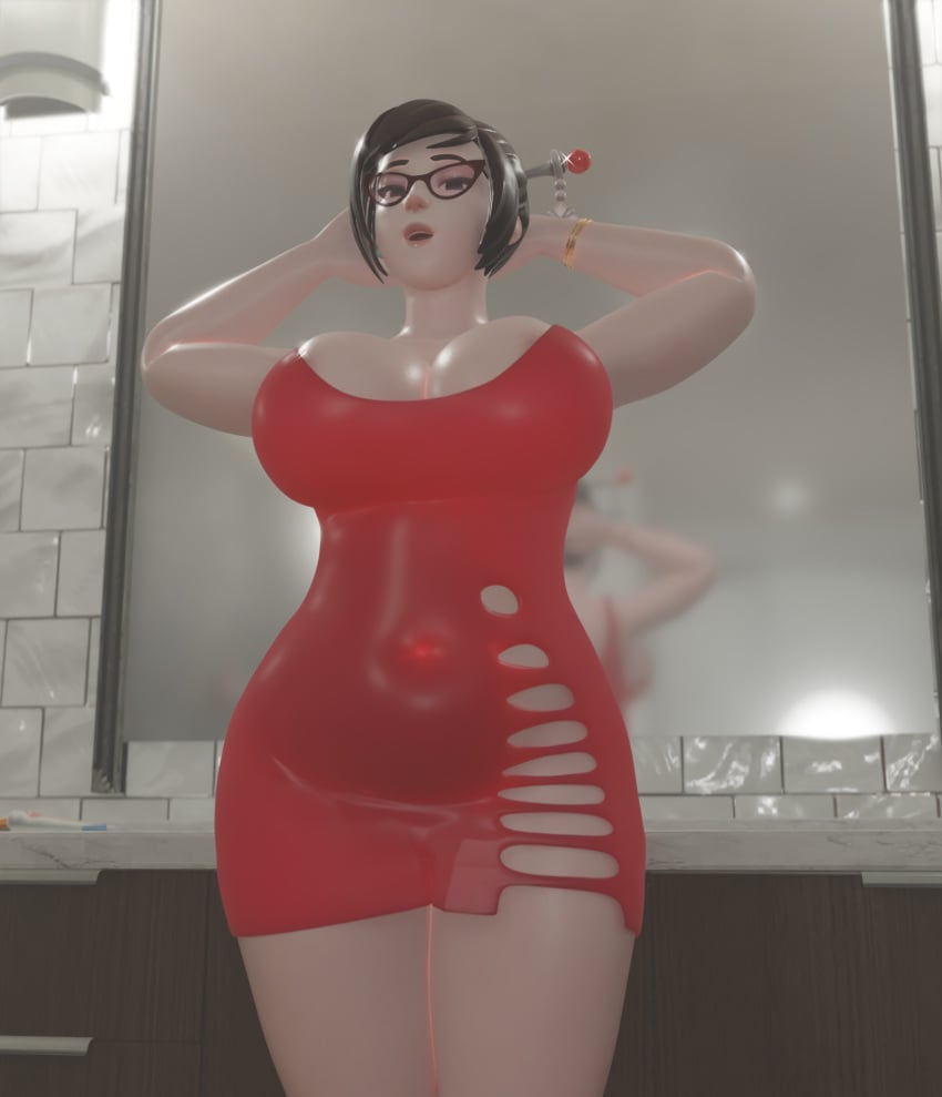 1female 1girls big_breasts dress female female female_only glasses looking_at_viewer mei_(overwatch) overwatch plentysession red_dress