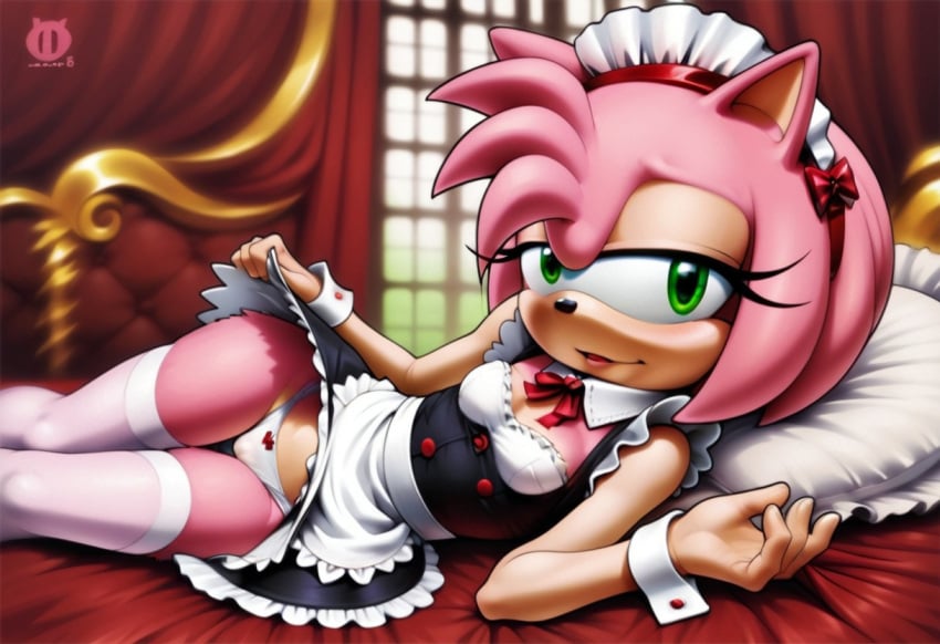 ai ai-created ai_art ai_generated amy_rose animal_ears animal_humanoid animal_nose anthro anthro_female bed bedroom french_maid furry furry_female green_eyes hedgehog hedgehog_girl hedgehog_humanoid lying_on_bed lying_on_side maid maid_headdress maid_outfit maid_uniform on_bed panties pink_fur pink_hair pink_skin skirt_lift sonic_(series) sonic_the_hedgehog_(series) stockings white_panties white_stockings