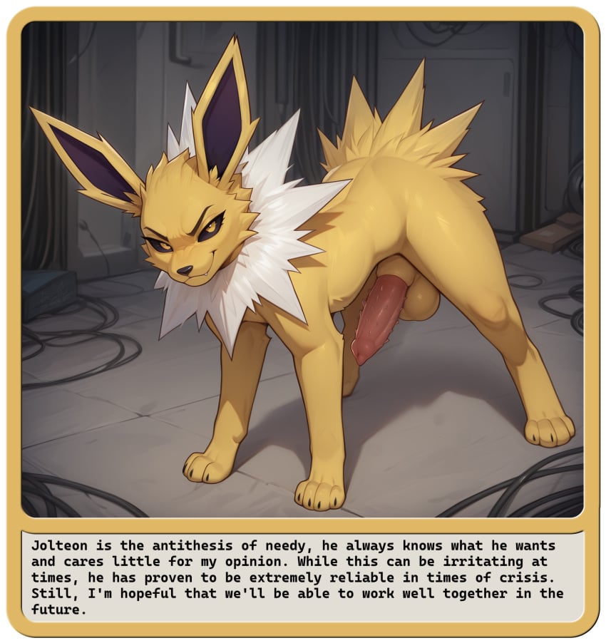 ai_generated black_sclera eeveelution electronics feral fierce generation_1_pokemon genitals hi_res jolteon looking_at_viewer male nonimousmate penis pokemon_(species) smile snarling solo spiked_penis spikes spikes_(anatomy) standing