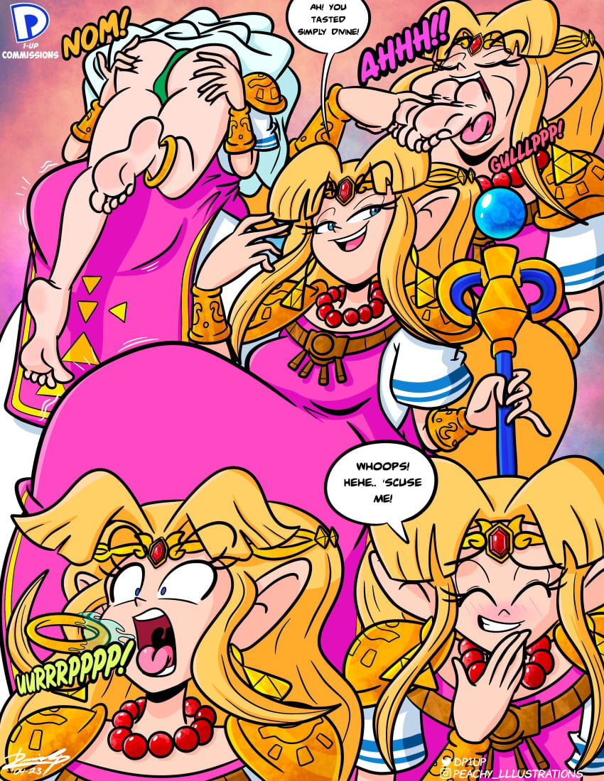 2girls blonde_hair burping burping_up_object dp1up english_text light-skinned_female light_skin long_hair nintendo palutena princess_zelda swallowing text vore