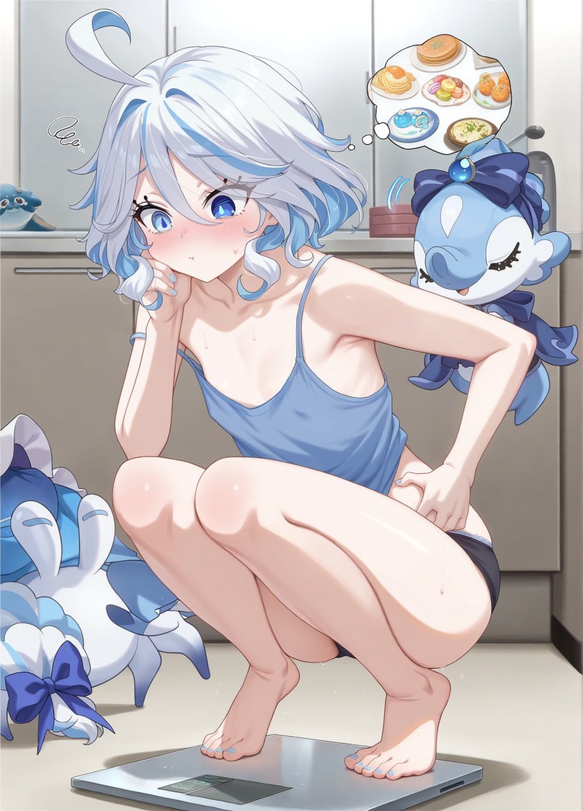 1girls barefoot bathroom black_panties blue_eyes blue_hair blue_tank_top blush embarrassed feet female_only flat_chest furina_(genshin_impact) genshin_impact mismatched_pupils painted_nails panties squatting sweat sweatdrop sweating tank_top thinking topwear two_tone_hair underwear weighing_scale weight_conscious white_hair