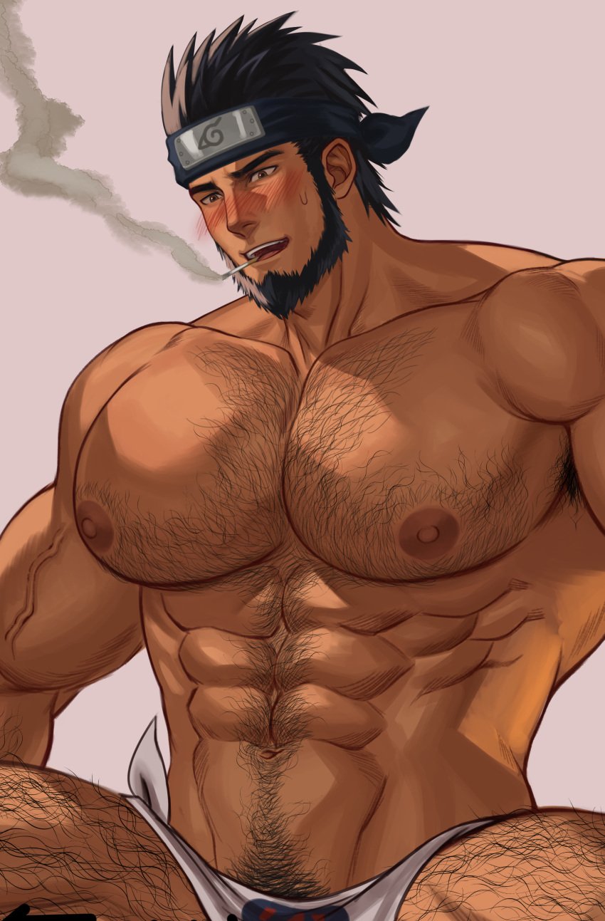 1boy abs areolae armpit_hair bara bara_tiddies bara_tits beard biceps blush brown_eyes cigarette hairy hairy_chest hairy_male hairy_thighs headband hi_res k_sen212 large_areolae large_pectorals male male_focus male_only muscular muscular_arms muscular_male naruto naruto_(series) naruto_shippuden navel nipples open_mouth pecs pectorals sarutobi_asuma simple_background smoke smoking solo solo_male thick_eyebrows thighs vein