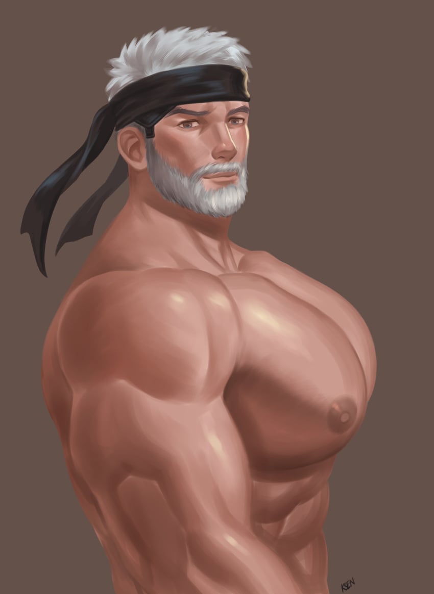 1boy abs areolae bara bara_tiddies bara_tits beard biceps facial_hair headband headband_only hi_res k_sen212 large_pectorals male male_focus male_only moustache muscular muscular_arms muscular_male nipples original_character pecs pectorals shirtless shirtless_male short_hair simple_background solo solo_male topless topless_male white_beard white_hair