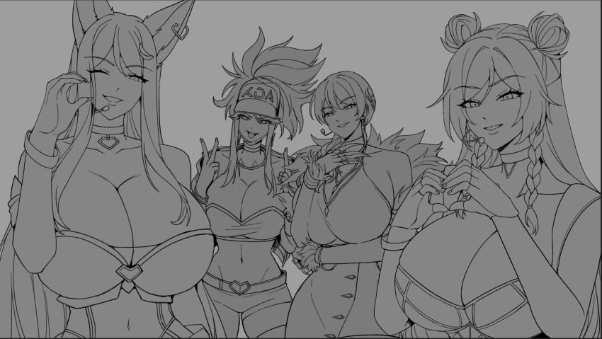 ahri akali big_breasts black_and_white clothed clothed_female clothing evelynn k/da_ahri k/da_akali k/da_evelynn k/da_kai'sa k/da_series kai'sa league_of_legends league_of_legends:_wild_rift riot_games ryuukusnpaiarts sketch tagme