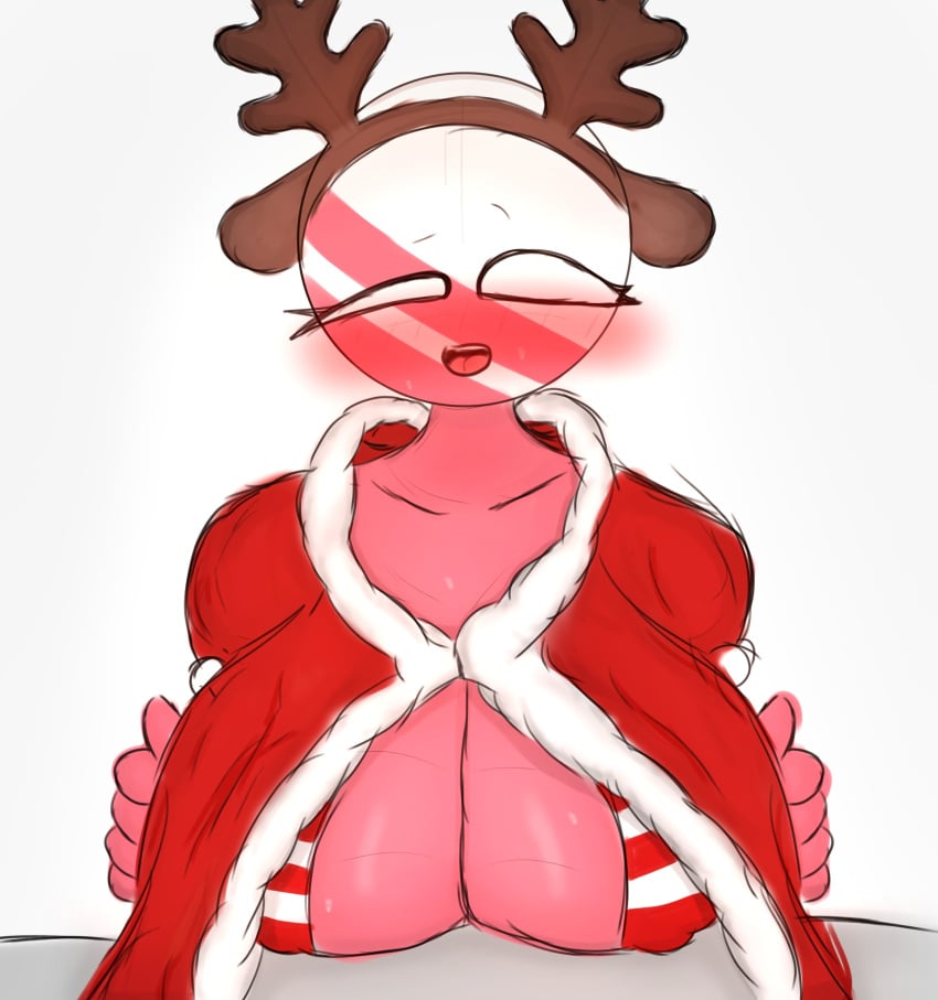 1girls ahe_gao big_breasts bikini blush christmas christmas_clothing christmas_outfit countryhumans countryhumans_girl countryhumans_oc covered_breasts female female_only flazil hand_on_breast prodamborsch tagme