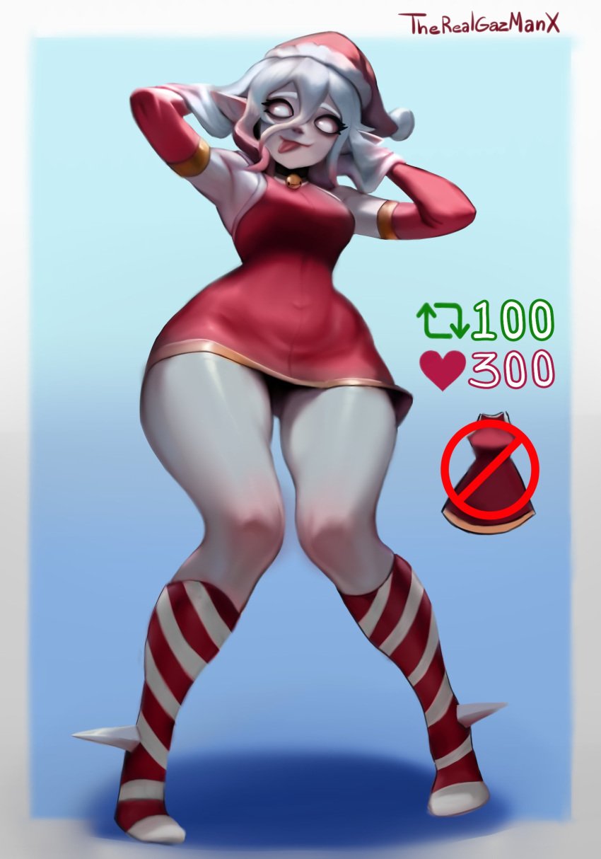 briar_(league_of_legends) christmas league_of_legends riot_games short_dress signature socks strip_game therealgazmanx white_hair