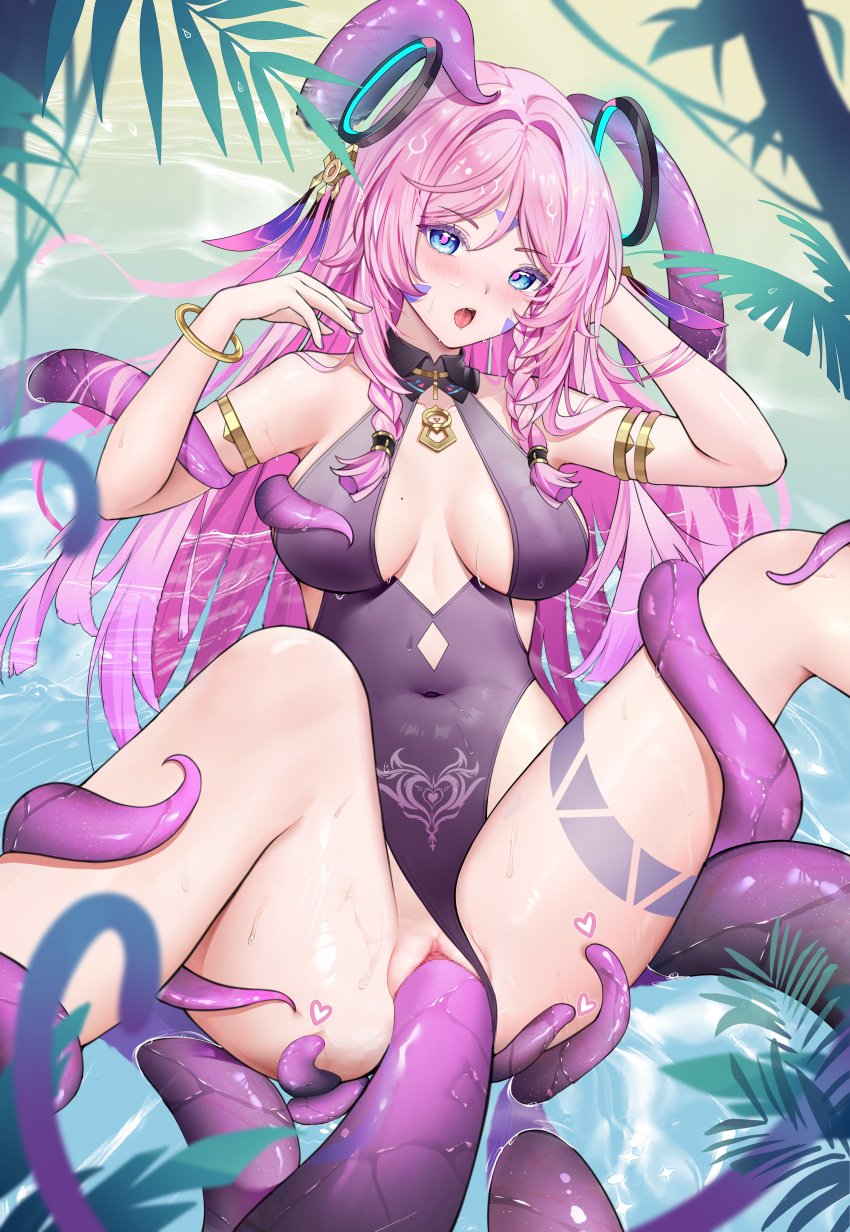 absurdres black_one-piece_swimsuit blhazx blue_eyes blush breasts citlali_(genshin_impact) cleavage_cutout clothing_cutout commentary_request covered_navel facial_mark female genshin_impact hair_ornament highres large_breasts long_hair one-piece_swimsuit open_mouth pink_hair pubic_tattoo spread_legs swimsuit tattoo tentacle tentacle_sex triangle triangle_facial_mark