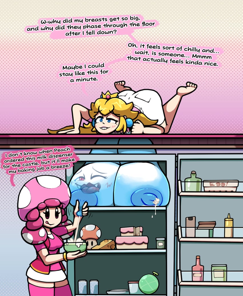 alternate_version_available biting_lip breast_expansion breast_milking cake chabble cheese comic fridge lactation lactation mario_(series) melon milk nipples partial_possession princess_peach soda_can superman_(series) text toadette unaware