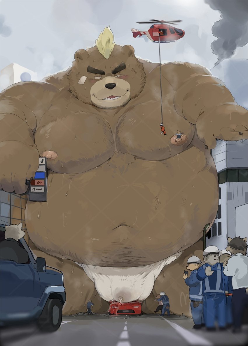 2025 aircraft anthro armor ashigara_(tas) asian_clothing bear belly big_belly black_nose bodily_fluids bottomwear bulge car city clothing east_asian_clothing fundoshi genital_fluids hard_hat headgear helicopter helmet hi_res iwbsb_kuma japanese_clothing kemono lifewonders macro male mammal moobs musk navel nipples overweight overweight_male pants precum shirt size_difference tokyo_afterschool_summoners topwear underwear vehicle white_clothing white_fundoshi white_underwear