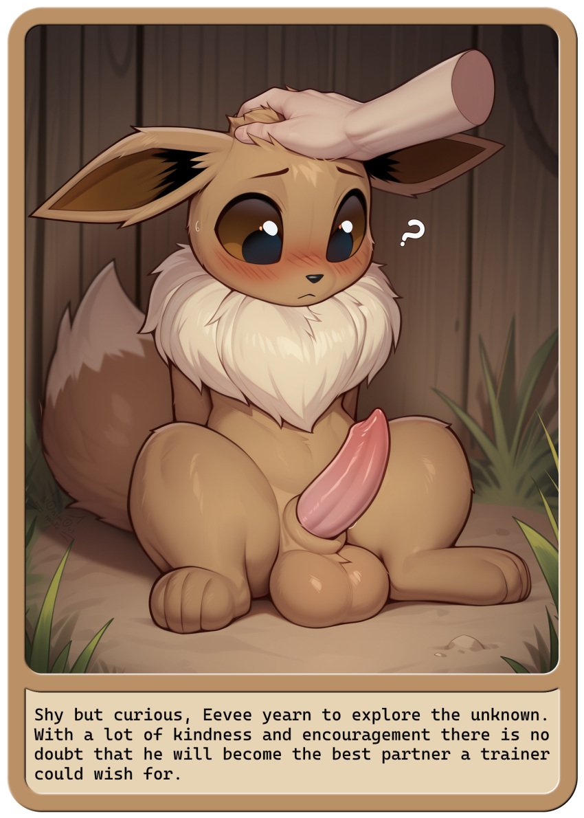 ai_generated blush curious eevee feral generation_1_pokemon genitals half-erect head_pat hi_res looking_at_genitalia looking_at_penis looking_down male neck_tuft nonimousmate penis petting pokemon_(species) solo tuft wide_eyed