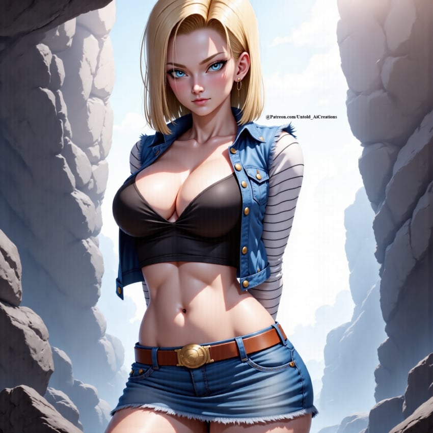 1girls ai_generated android_18 blonde_hair cleavage clothed clothing dragon_ball dragon_ball_z female female_only light-skinned_female light_skin looking_at_viewer no_sex not_porn outdoors safe skirt solo solo_female standing untoldaicreations untoldcreate