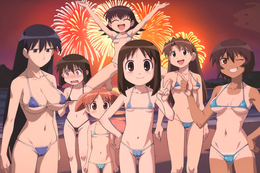 ai_generated aizumanga azumanga_daiou chiyo_chichi chiyo_mihama embarrassed expressionless fireworks happy huge_breasts jumping kagura_(azumanga_daiou) kaorin koyomi_mizuhara medium_breasts micro_bikini multiple_girls new_year new_year_2025 osaka_ayumu_kasuga sakaki small_breasts tan tanlines tomboy tomo_takino v_sign