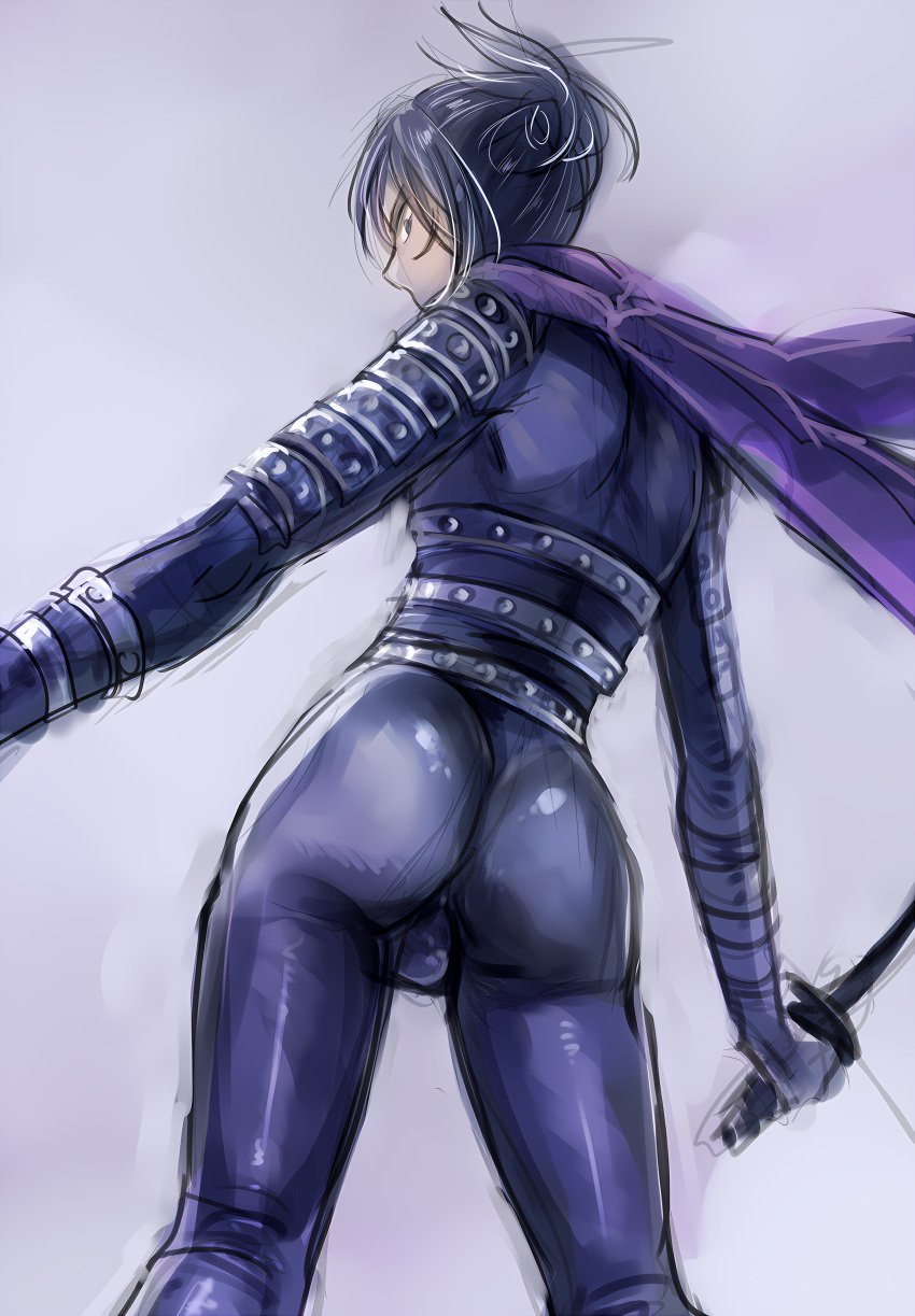 ass ass_focus bulge_through_clothing femboy folded_ponytail high_resolution kintsuku latex_suit male_only ninja_suit one-punch_man ponytail scarf speed-o'-sound_sonic tight_clothing upscaled