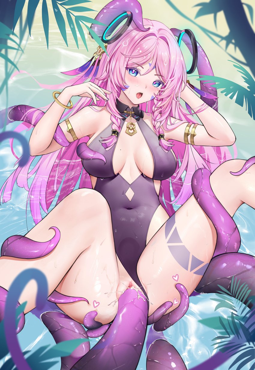 absurdres black_one-piece_swimsuit blhazx blue_eyes blush breasts citlali_(genshin_impact) cleavage_cutout clothing_cutout commentary_request covered_navel facial_mark female genshin_impact hair_ornament highres large_breasts long_hair one-piece_swimsuit open_mouth pink_hair spread_legs swimsuit tentacle tentacle_sex triangle triangle_facial_mark