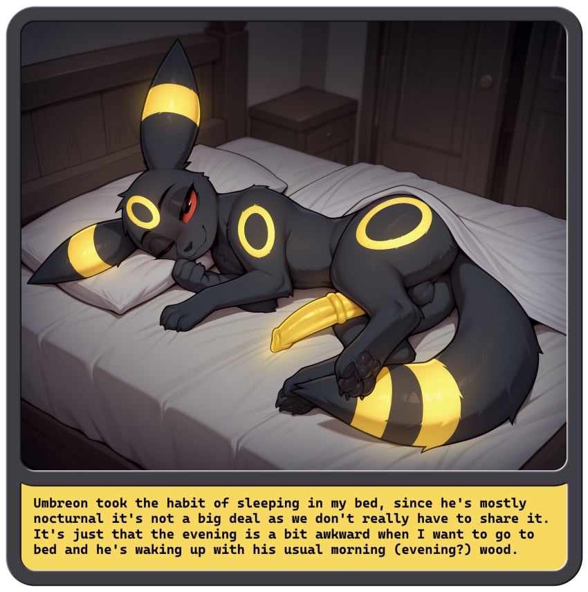 ai_generated bed eeveelution erection feral furniture generation_2_pokemon hi_res inviting looking_at_viewer lying male medial_ring morning_wood nonimousmate on_side one_eye_closed pokemon_(species) solo tired umbreon