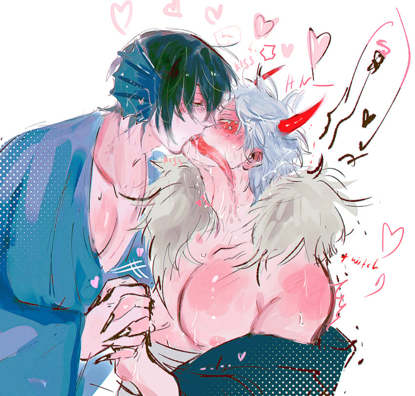 2boys akoku black_hair blush deep_penetration deepthroat demon_boy ear_fins french_kiss fur_collar gay gintama gintoki_sakata holding_hands horns kimono kissing long_tongue merfolk merman official_alternate_costume oni oni_horns pecs pectoral_cleavage sharp_fingernails sweat takasugi_shinsuke tears throat_fuck tongue_in_mouth tongue_out white_hair x-ray yaoi youkai