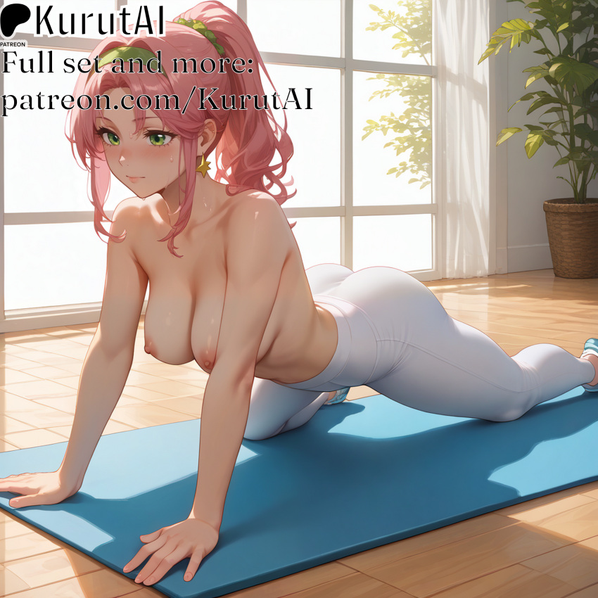 1girls ai_generated artist_name artist_signature ass bangs blush breasts closed_mouth collarbone earrings eyebrows_visible_through_hair green_eyes hairband hi_res high_quality high_res high_resolution highres indoors jewelry kurutai large_breasts long_hair looking_at_viewer miyuki_(kurutai) nipples oc original original_artwork original_character pants patreon pink_hair plant ponytail sidelocks solo sweat sweatdrop uncensored