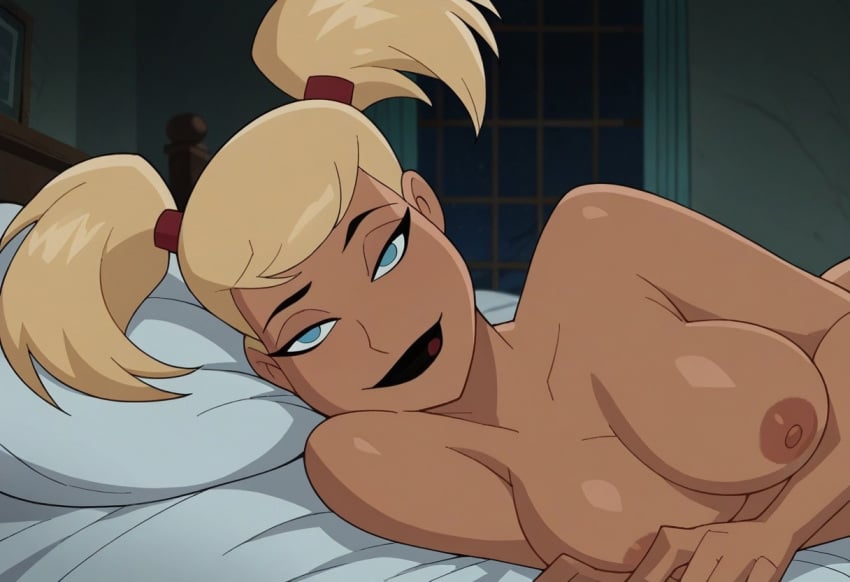 ai_generated areolae ass bangs batman_(series) batman_and_harley_quinn bed bed_sheet bedroom blonde_hair blue_eyes blush breasts completely_nude curtains curvaceous curvy curvy_ass curvy_female curvy_figure curvy_hips dark-skinned_female dark_skin dc dc_comics dcau eyelashes female female female_only flirting harleen_quinzel harley_quinn harley_quinn_(classic) huge_breasts indoors large_breasts lips lipstick long_hair looking_at_viewer lying makeup navel night night_sky nipples nude on_bed on_side on_stomach open_mouth pillow ponytail pov sexy_pose shiny shiny_skin smile solo teeth thick_thighs thighs tied_hair twintails uncensored vagina warner warner_bros warner_brothers window young_female