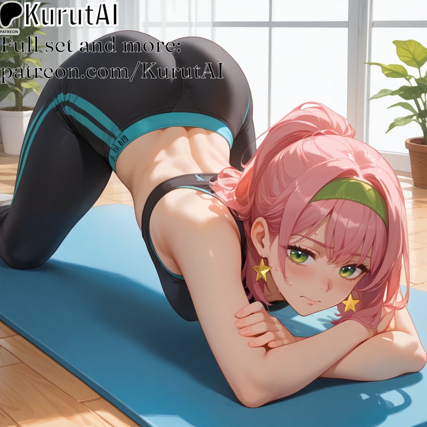 1girls ai_generated artist_name artist_signature ass back bangs bare_shoulders black_pants blush bra cactus coconut couch crossed_arms earrings flower_pot green_eyes hair_ornament hairband hi_res high_quality high_res high_resolution highres indoors jewelry kurutai leaf long_hair looking_at_viewer miyuki_(kurutai) oc original original_artwork original_character palm_tree pants patreon pink_hair plant saint_quartz_\(fate\) solo sports_bra star_\(symbol\) star_earrings star_hair_ornament star_necklace star_pasties star_print starfish sweat top-down_bottom-up tree twintails uncensored window wooden_floor