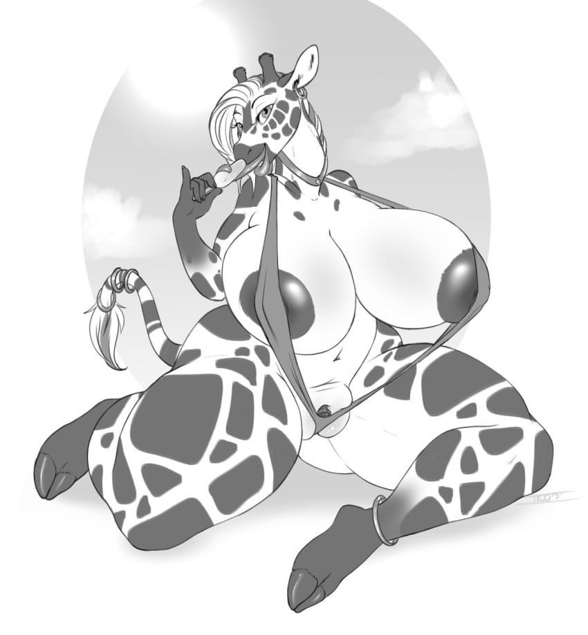 2015 anthro areola big_breasts bikini breasts clothed clothing ear_piercing female giraffe huge_breasts iko jewelry looking_at_viewer mammal navel necklace piercing popsicle pussy skimpy sling_bikini smile solo swimsuit