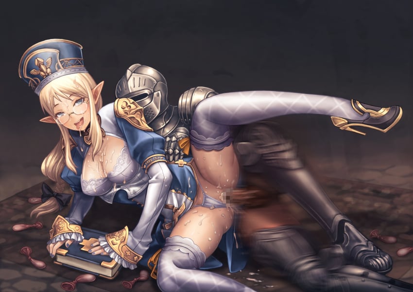 1boy absurdres armor blonde_hair blue_eyes blush book breasts bukkake censored cleavage cleavage_cutout clothed_sex cum cum_in_pussy cum_on_body cum_on_breasts cum_on_hair cum_on_lower_body cum_on_upper_body elf facial female full_armor glasses hair hat headgear helmet highres hongg kinpatsu_elf_shika_kaku_ki_no_nai_hito knight leg_up long_hair long_sleeves lying medieval_armour mitre nail_polish on_side open_mouth original panties panties_aside penetration penis pointy_ears puffy_sleeves pussy saliva sex smile solo_focus spread_legs straight sweat thighhighs thong_aside tongue tongue_out underwear vaginal_penetration white_legwear white_panties