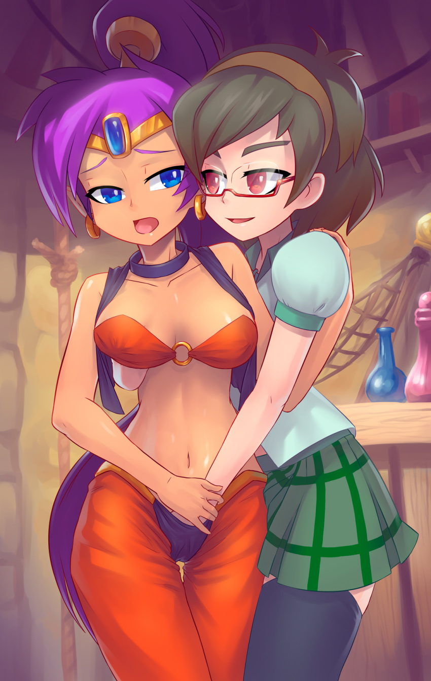 2girls blue_eyes bottle bra breast_grab breasts clothing dark_skin earrings eye_contact female female_only fingering fingering_down_front fingering_from_behind glasses green_hair hairband hand_in_bra hand_in_pants hand_under_bra hand_under_clothes highres humanized jewelry jiffic legs_together long_hair looking_at_another multiple_girls navel open_mouth ponytail purple_hair red_eyes rope rottytops shantae shantae_(character) shirt skirt smile smooth_fur stockings thighhighs tied_hair very_long_hair vest yuri zettai_ryouiki