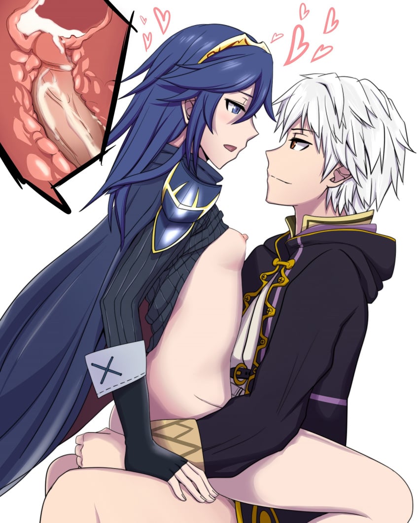 areolae blue_eyes blue_hair blush bottomless breasts clothed_sex clothing couple cowgirl_position cum cum_in_pussy cum_in_uterus cum_inside female fingerless_gloves fire_emblem fire_emblem_awakening gloves happy_sex heart highres human long_hair lucina_(fire_emblem) male nipples open_clothes open_mouth orange_eyes penetration penis robin_(fire_emblem) robin_(fire_emblem)_(male) sex shirt_lift short_hair simple_background small_breasts straight tiara umayahara0130 uncensored uterus vaginal_penetration white_hair x-ray