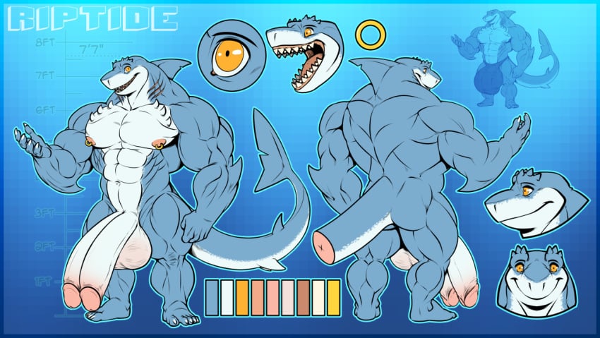 abs anthro balls belly_button bulge bulge_through_clothing diphallia diphallism huge_balls humanoid_penis hyper_penis male_only model_sheet multi_penis muscles muscular muscular_male neodokuro nipple_piercing nipples penis piercing riptide riptide_(legogood) shark teeth